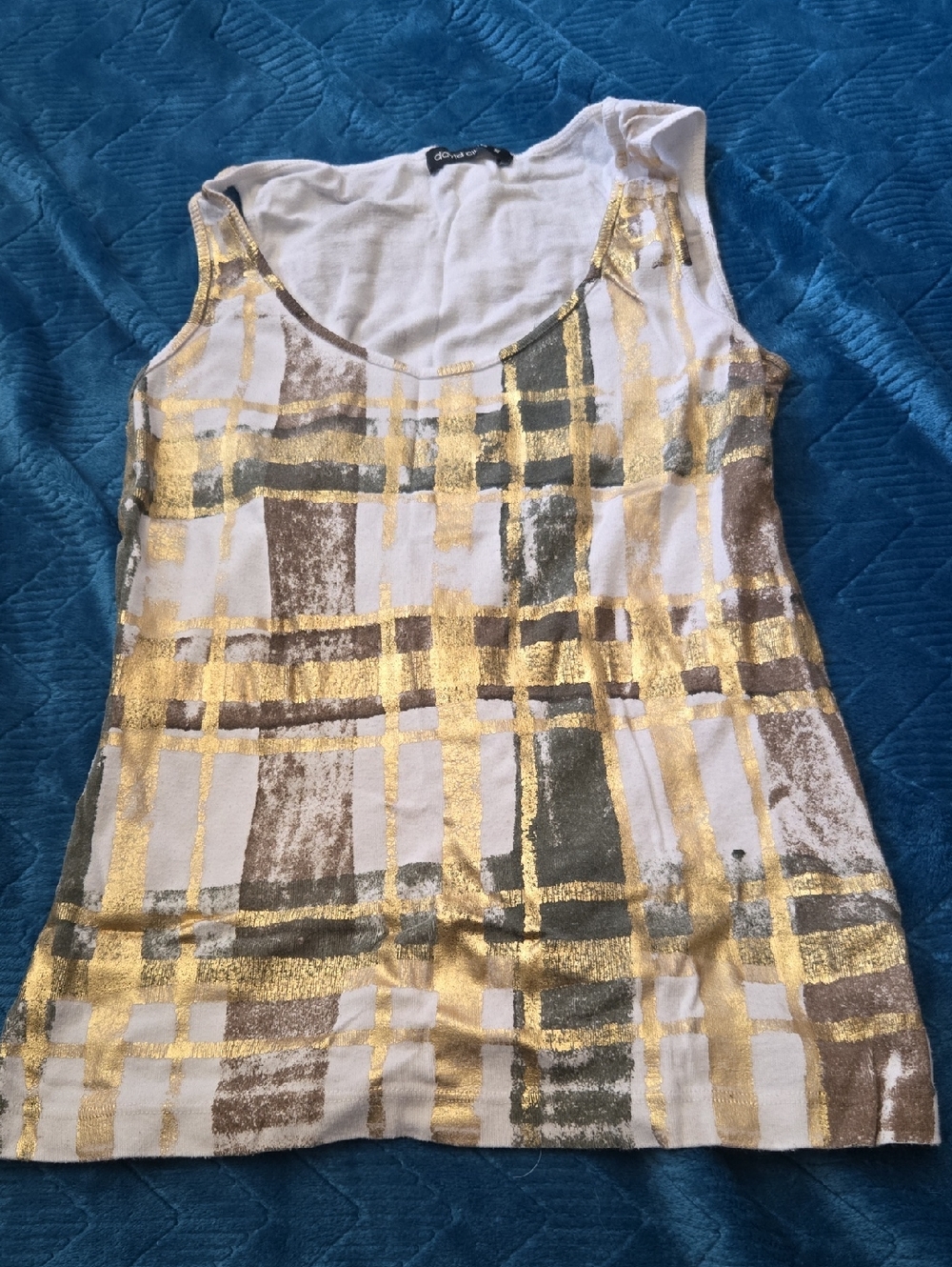 3/$20 David Cline White Tank Top with Gold and Brown Plaid Foil